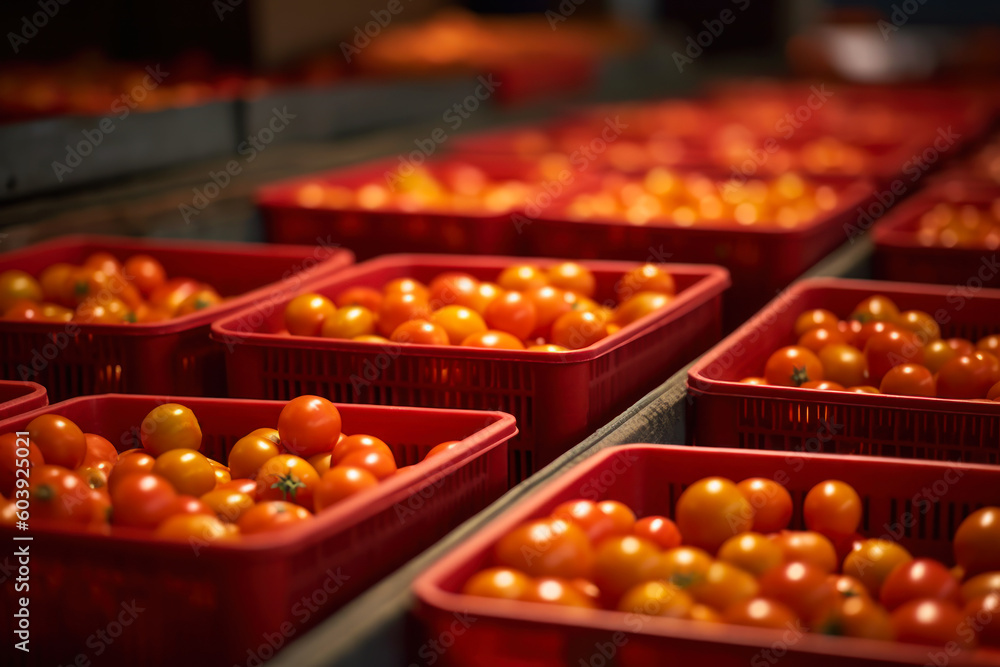 Poster sorted tomatoes in containers, harvested tomato crop generative ai