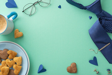 Father's Day breakfast in bed: Top view of homemade pastries, coffee, hearts, necktie, cufflinks, and glasses, on teal background with frame for text or advertising