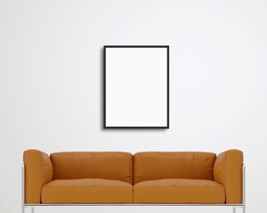 black picture frame mockup over a tan leather couch