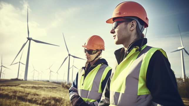 Two workers holding equipment near a wind turbine. Generative AI