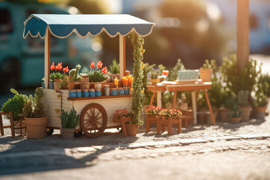 decoration wooden carriage vintage shop with flowers generative ai