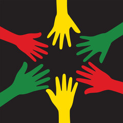 Obraz premium Silhouette of red, yellow and green colored hands as the colors of the Black History Month flag. Flat vector illustration. 