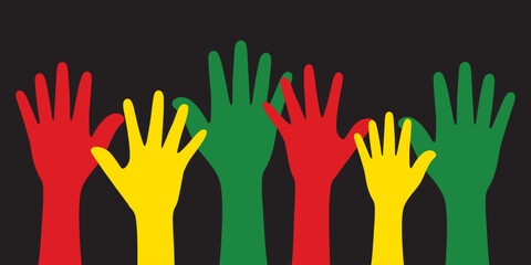 Silhouette of red, yellow and green colored hands as the colors of the Black History Month flag. Flat vector illustration.	