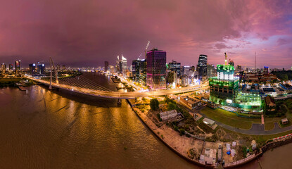 Sunset on Saigon riverside, Ho Chi Minh city Vietnam. Photo taken on May 2023