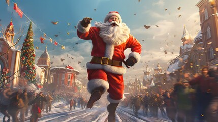Santa Claus running a marathon with great effort, showing determination and fitness, generative ai
