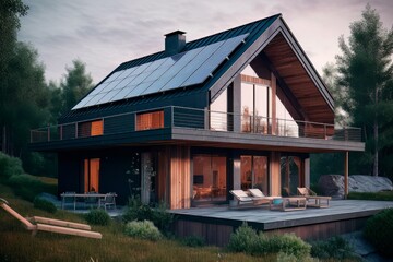 Solar photovoltaic panels on the roof modern house. Energy conservation concept. Alternative green energy. Gererated AI.
