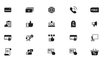 Online shopping application Interface related icon set. Black, solid, glyph icon set Website sign. vector illustration