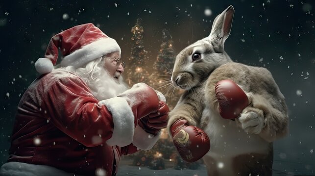 Santa Claus in a boxing match with the Easter Bunny, a comical and unexpected showdown, generative ai
