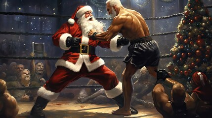 Santa Claus boxing in the ring, displaying strength and competitive spirit, generative ai