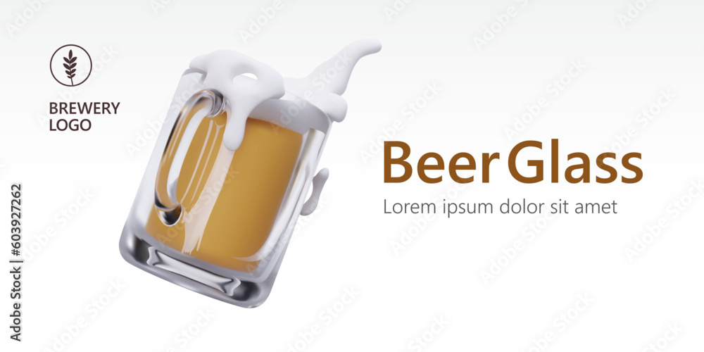 Poster 3d glass mug with foamy beer on light background. horizontal template of beer products and mugs. thr
