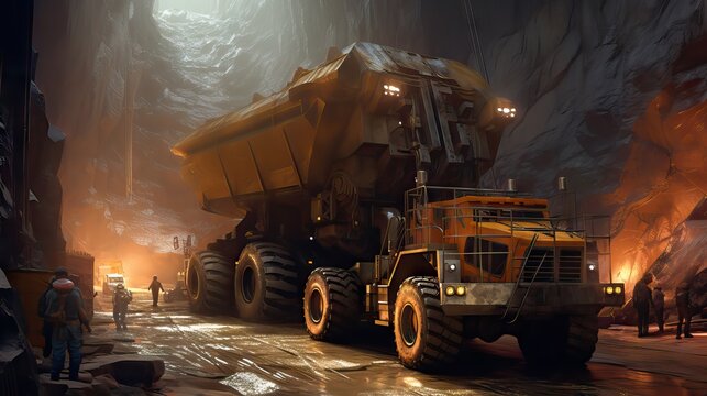 A heavy-duty truck working in a mountain mine, depicting industry and effort, generative ai