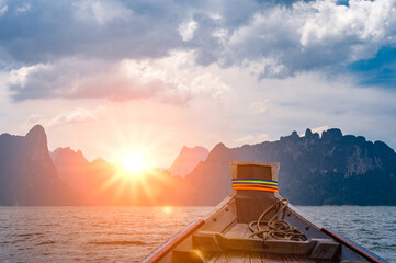 Amazing sunset. Long tail boat trip. Adventure landmark travel Thailand, Tourist on summer holiday vacation trip, Tourism destination place Asia - obrazy, fototapety, plakaty