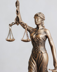 close-up themis goddess of justice statuette on light gray background. symbol of law with scales sword in hands. legal company or university of law and judicial structure. court acquittal of the