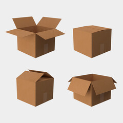 collection of realistic cardboard box illustration, isolated, 3d rendering