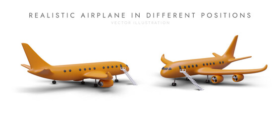 Realistic planes in different positions. Isolated colored 3D objects with shadows for live advertising. Airplane with steps is on ground, preparing for boarding of passengers