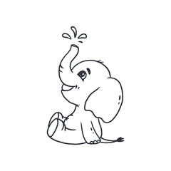Cute baby elephant poured water from his trunk. Coloring book.Doodle style.