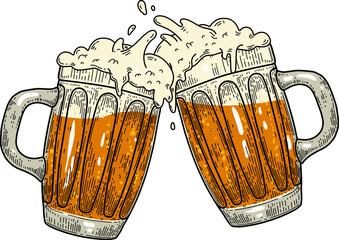 Two toasting beer mugs. Vintage beer mugs. For poster, menu, banner.