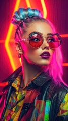 neon-punk style trendy fashion young model close-up portrait, ai tools generated image
