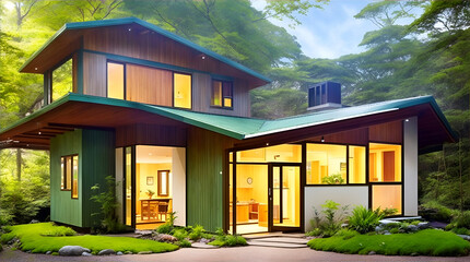a eco house, nestled amidst a picturesque landscape, surrounded by lush green grass, vibrant moss