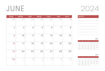 Monthly Calendar Template of june 2024. Vector layout of a wall or desk simple calendar with week start sunday