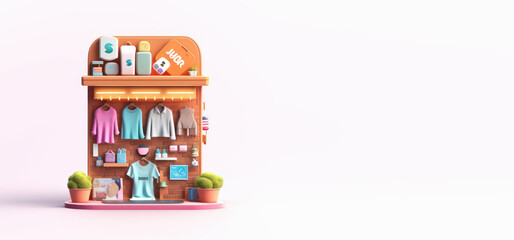 3D Mini Store banner, Online Shopping Concept. Generative AI