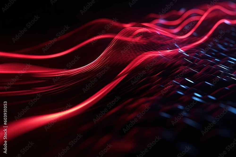 Wall mural abstract futuristic background with red glowing neon moving high speed wave lines and bokeh lights. 