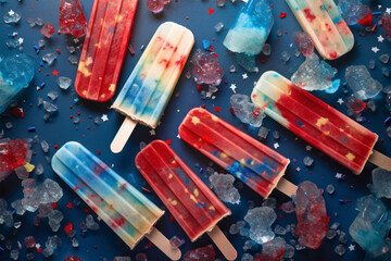 Ice popsicles with with american flag colors. 4th July celebration food. 