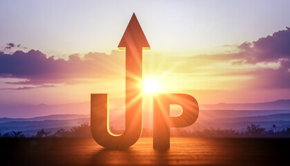 Arrow rising up, sunrise and sun rising bright between upward arrow and UP and goal and growth...