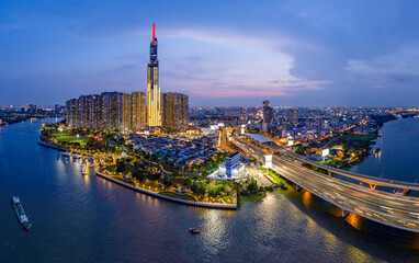 Sunset on Saigon riverside, Ho Chi Minh city Vietnam. Photo taken on May 2023