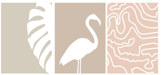 collection of modern simple minimalistic boho style abstracts with flamingo silhouette, monstera leaf, and white lines on color background © Soap Dish