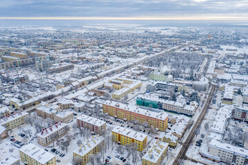 Suwalki, Poland - winter drone aerial photo - citycape, snowy landscape, cloudy moody day