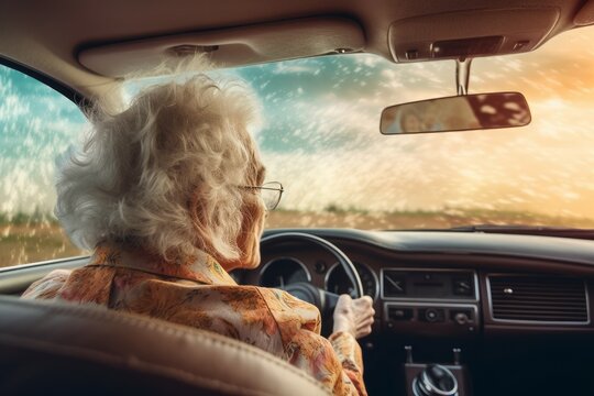 Driver old woman windshield view. Generate Ai