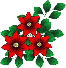 Illustration of a red flower with lush green leaves