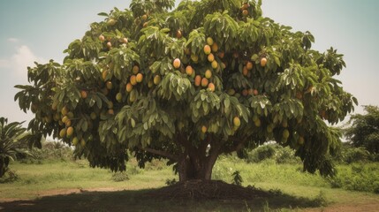 Fototapeta na wymiar Mango Tree Abundantly Laden with Ripe, Succulent Fruits: A Detailed Exploration into the Exotic Euphoria of Tropical Indulgence Presented in a Modern 16:9 Viewing Format - Generative AI Illustration