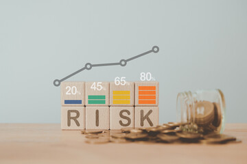 For Risk management and assessment concept. RISK text on wooden cube block with graph and percent amount , blurred coins