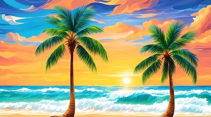 Fototapeta na wymiar a Illustration of beach with coconut trees