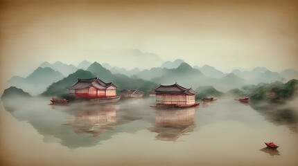 Chinese ink painting of boat in the mountains