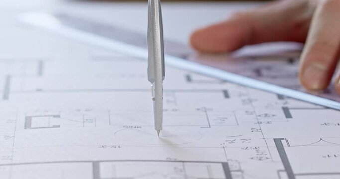 Engineer hands draw circle using dividers on floor plan of building project. Workman uses ruler to measure circle diameter while drawing lies on table