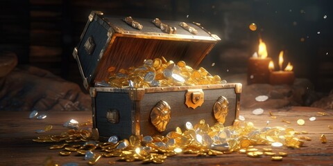 Treasure chest on the island background, The treasure chest is full of gold coins. Generative AI