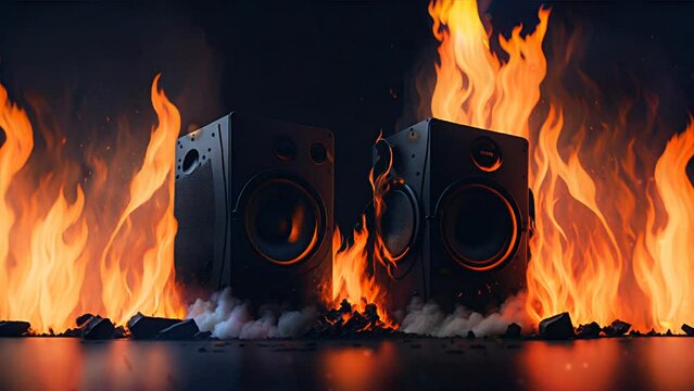 Two black speakers on fire place 4K footage