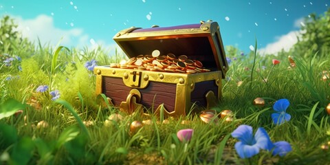 Treasure chest on the island background, The treasure chest is full of gold coins. Generative AI