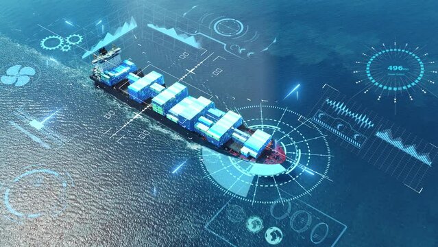  AI technology. Global Logistics international delivery concept, World map logistic and supply chain network distribution container Ship running for export import to customs cean concept isometric 