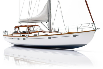 Obraz premium New big Sailing yacht on a white background with mirror reflection. Generative AI