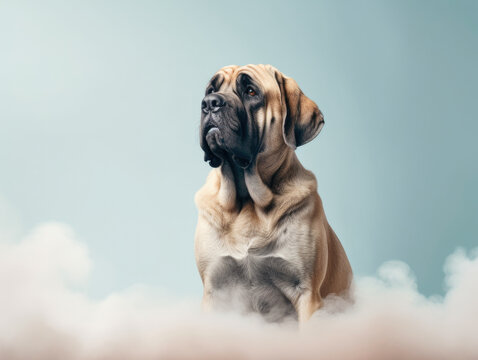 Promotional photo English Mastiff dog beautiful electronic commercial photography , blue background, studio photo, clean design, pastel colors Generative AI