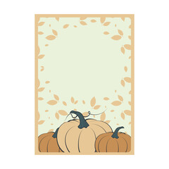 A4 vertical Print template invitation card for Halloween celebration with orange pumpkin fruit. Beige shades. Frames with leaves and pumpkin . Festive vector