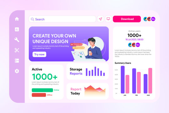 Modern mockup dashboard user interface design with purple theme color in flat design