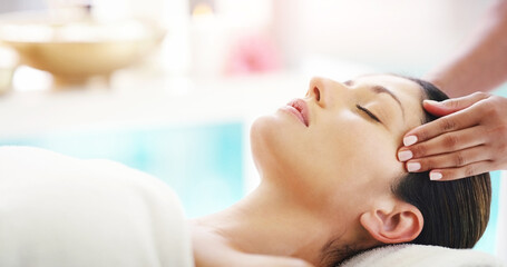 Woman, hands and face massage at spa for healthy wellness, skincare or stress relief in relax at resort. Hand of masseuse with calm female person relaxing in peaceful zen or facial treatment at salon