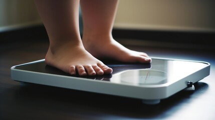 Fototapeta premium Symbolic Illustration of Weight Loss Journey: Depicting a Person's Feet Poised on a Weighing Scale - Generative AI Illustration