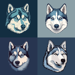 Set of siberian husky dogs portraits, isolted vector illustration 