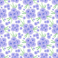 Fototapeta na wymiar Hand drawn watercolor blue abstract daisy bouquet seamless pattern on white background. Gift-wrapping, textile, fabric, wallpaper.